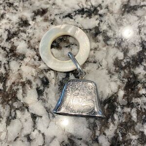 Edwardian Sterling Silver Baby teether w/ Mother-of-Pearl Ring . Collectible .